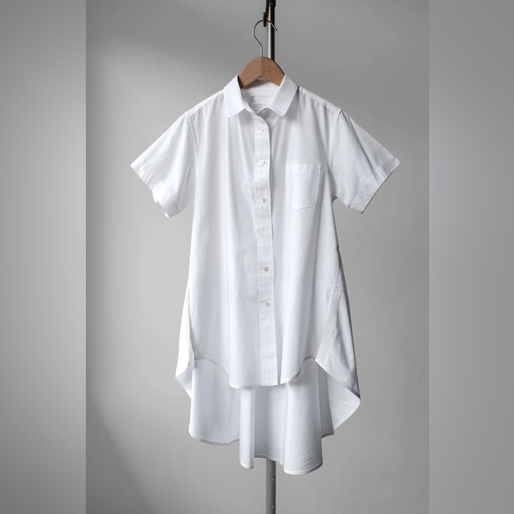 Sacai Oversized Flare White Cotton Button Front Short Sleeve Shirt